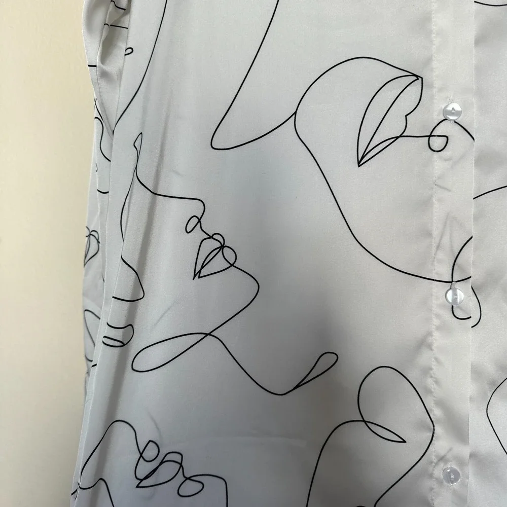 Contemporary Womens Faces Long Shirt Dress Duster Sz M White ‎ Abstract Art Deco